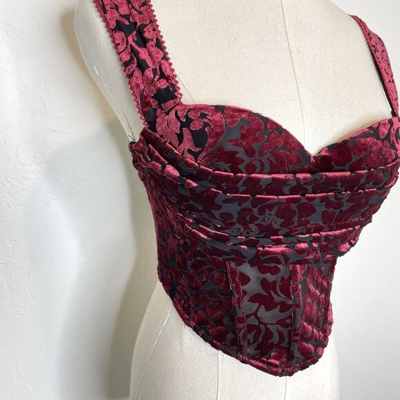 Windsor Velvet Burnout Cropped Corset Top Burgundy Red Black Womens Small - Picture 2 of 7